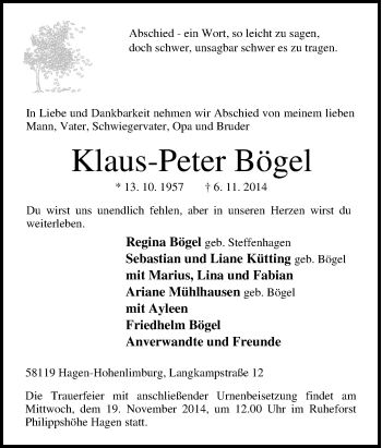 Traueranzeige von Klaus-Peter Bögel von Tageszeitung