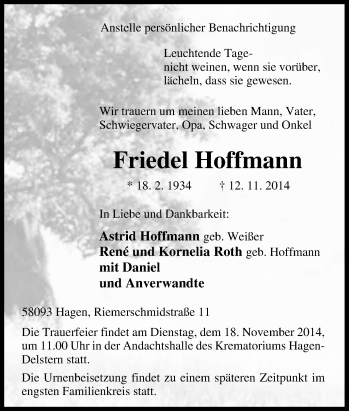 Traueranzeige von Friedel  Hoffmann von Tageszeitung