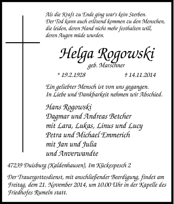 Traueranzeige von Helga Rogowski von Tageszeitung