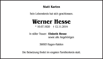 Traueranzeige von Werner Hesse von Tageszeitung