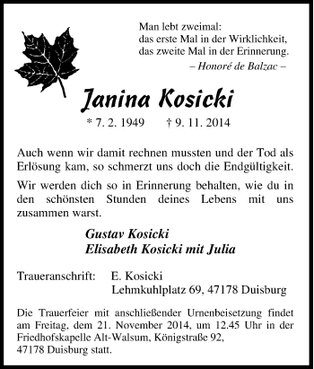 Traueranzeige von Janina Kosicki von Tageszeitung