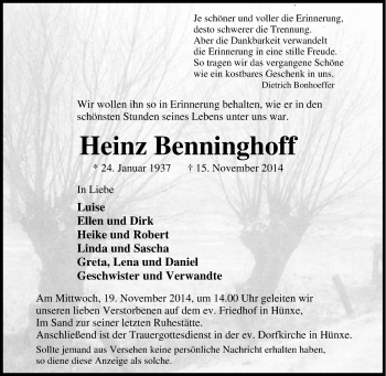 Traueranzeige von Heinz Benninghoff von Tageszeitung