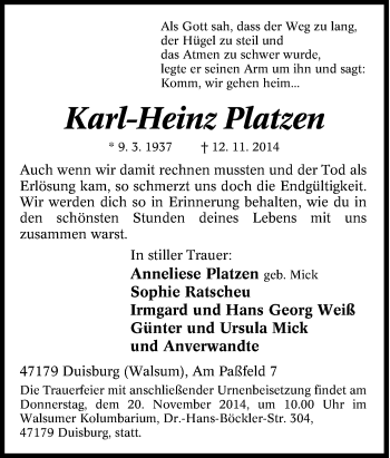 Traueranzeige von Karl-Heinz Platzen von Tageszeitung