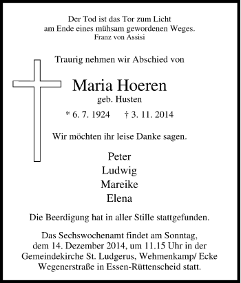 Traueranzeige von Maria Hoeren von Tageszeitung