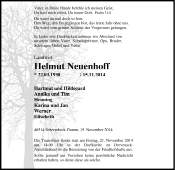 Traueranzeige von Helmut Neuenhoff von Tageszeitung
