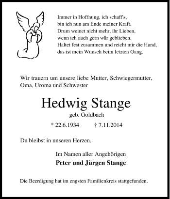 Traueranzeige von Hedwig Stange von Tageszeitung