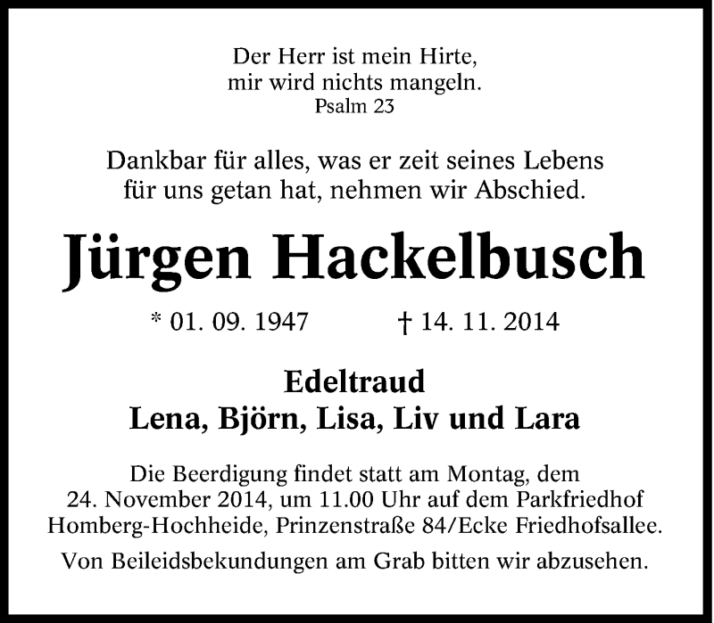  Traueranzeige für Jürgen Hackelbusch vom 20.11.2014 aus Tageszeitung
