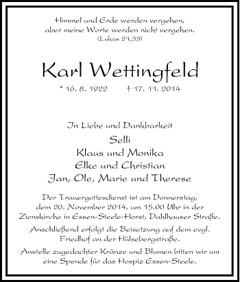 Traueranzeige von Karl Wettingfeld von Tageszeitung