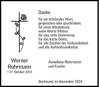 Traueranzeige von Werner Ruhrmann von Tageszeitung