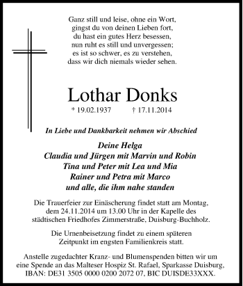 Traueranzeige von Lothar Donks von Tageszeitung