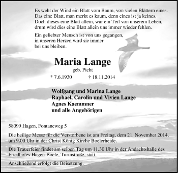 Traueranzeige von Maria Lange von Tageszeitung
