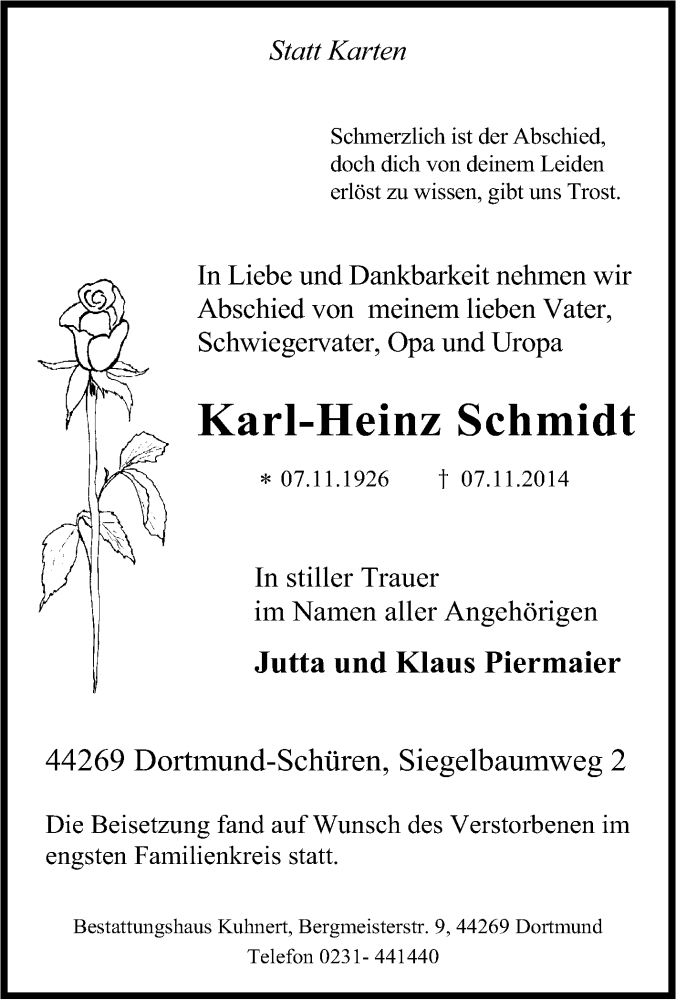  Traueranzeige für Karl-Heinz Schmidt vom 20.11.2014 aus Tageszeitung