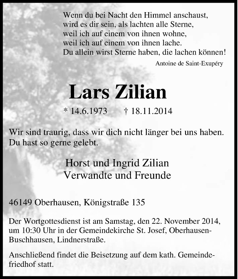  Traueranzeige für Lars Zilian vom 20.11.2014 aus Tageszeitung