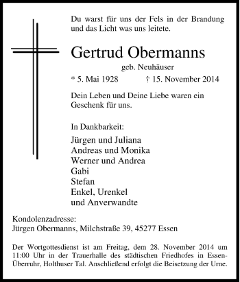 Traueranzeige von Gertrud Obermanns von Tageszeitung