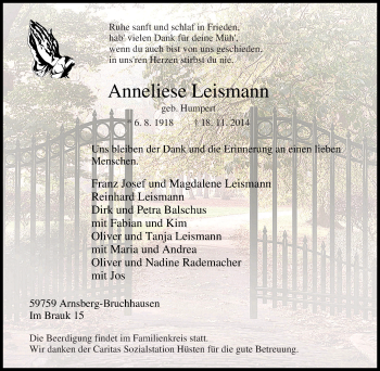 Traueranzeige von Anneliese Leismann von Tageszeitung