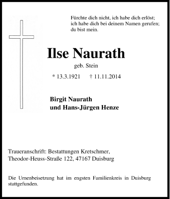 Traueranzeige von Ilse Naurath von Tageszeitung