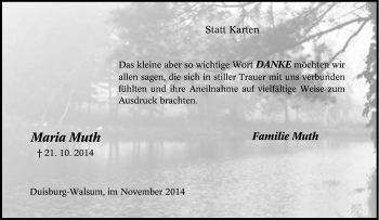 Traueranzeige von Maria Muth von Tageszeitung
