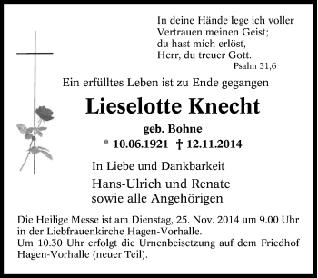 Traueranzeige von Lieselotte Knecht von Tageszeitung