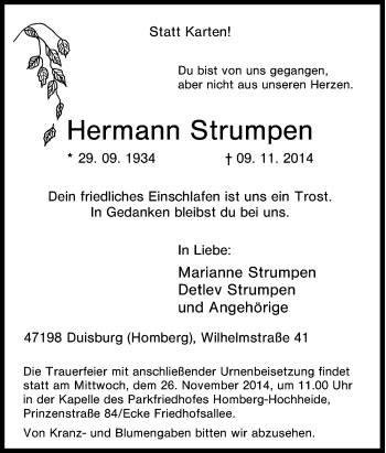 Traueranzeige von Hermann Strumpen von Tageszeitung