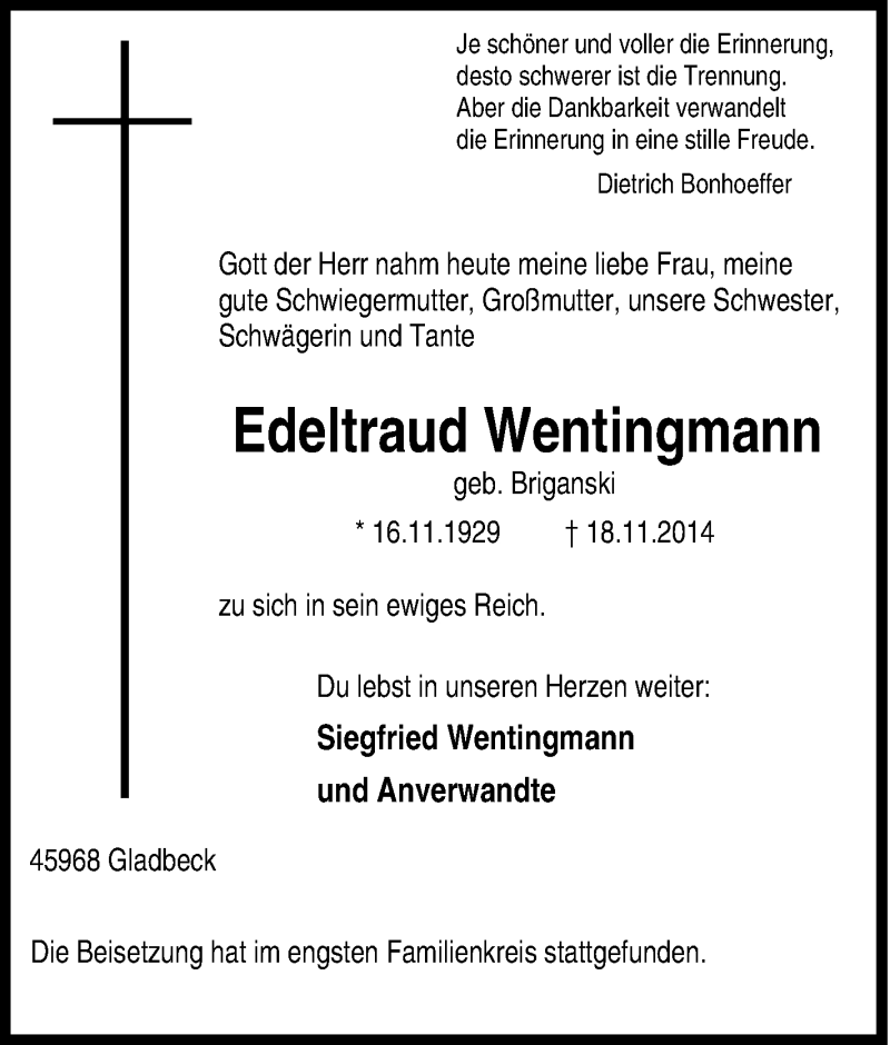  Traueranzeige für Edeltraud Wentingmann vom 22.11.2014 aus Tageszeitung