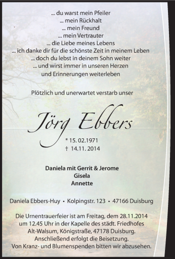 Traueranzeige von Jörg Ebbers von Tageszeitung