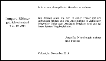 Traueranzeige von Irmgard Böhner von Tageszeitung