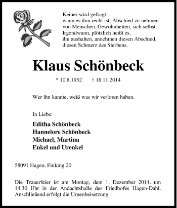 Traueranzeige von Klaus Schönbeck von Tageszeitung