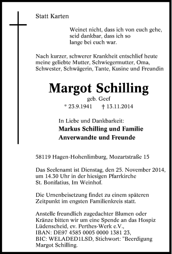 Traueranzeige von Margot Schilling von Tageszeitung