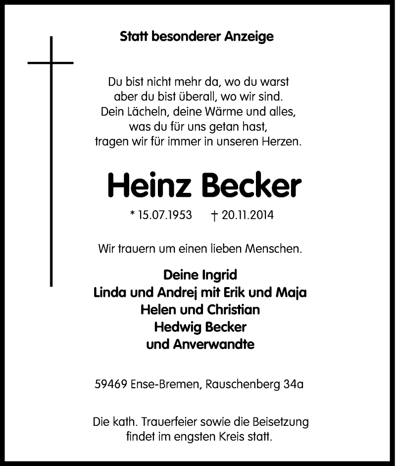  Traueranzeige für Heinz Becker vom 22.11.2014 aus Tageszeitung