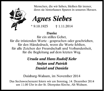 Traueranzeige von Agnes Siebes von Tageszeitung