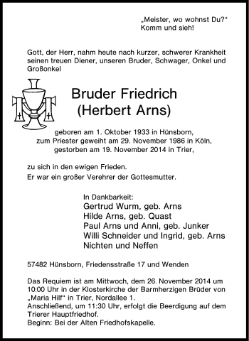 Traueranzeige von Herbert Arns von Tageszeitung