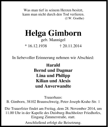 Traueranzeige von Helga Gimborn von Tageszeitung