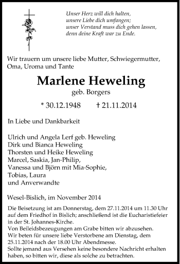 Traueranzeige von Marlene Heweling von Tageszeitung