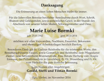 Traueranzeige von Marie Luise Bormki von Tageszeitung