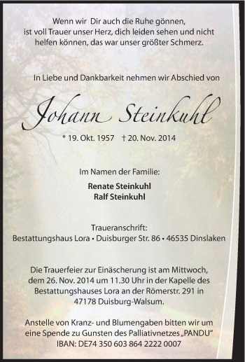 Traueranzeige von Johann Steinkuhl von Tageszeitung