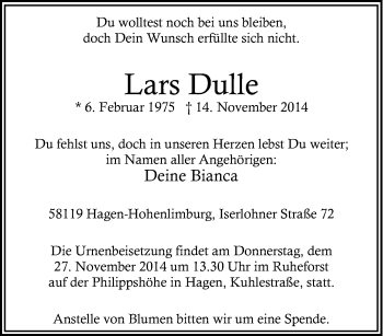 Traueranzeige von Lars Dulle von Tageszeitung