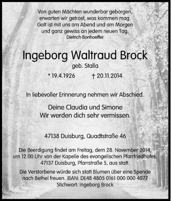 Traueranzeige von Ingeborg Waltraud Brock von Tageszeitung