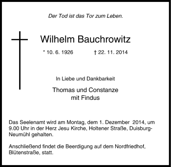 Traueranzeige von Wilhelm Bauchrowitz von Tageszeitung