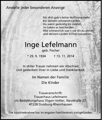 Traueranzeige von Inge Lefelmann von Tageszeitung