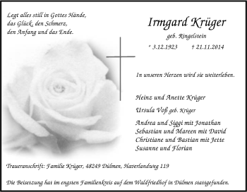 Traueranzeige von Irmgard Krüger von Tageszeitung