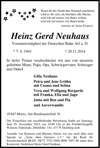 Traueranzeige von Heinz Gerd Neuhaus von Tageszeitung
