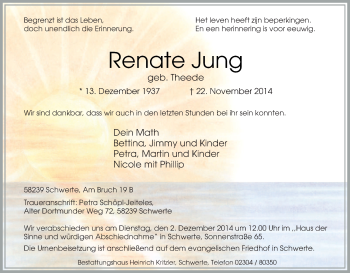 Traueranzeige von Renate Jung von Tageszeitung