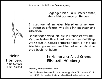 Traueranzeige von Heinz Hömberg von Tageszeitung