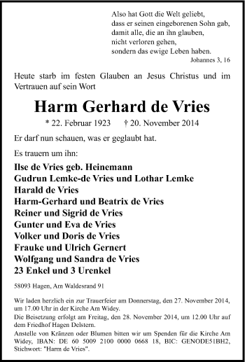 Traueranzeige von Harm Gerhard de Vries von Tageszeitung