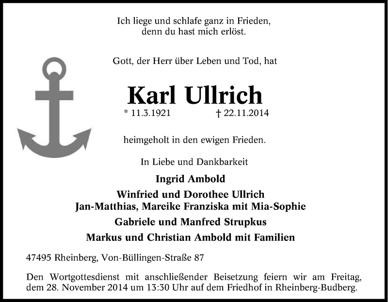 Traueranzeigen von Karl Ullrich TrauerinNRW.de