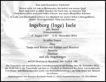 Traueranzeige von Ingeborg Isele von Tageszeitung