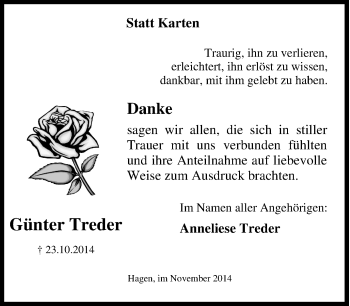 Traueranzeige von Günter Treder von Tageszeitung