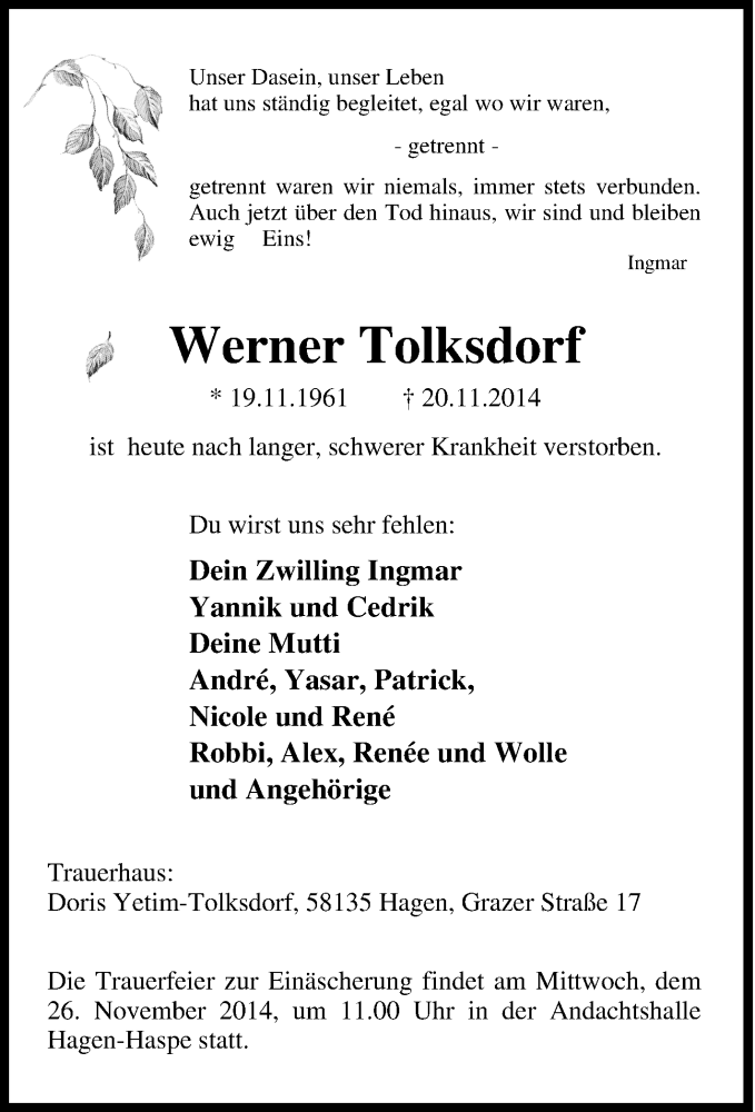  Traueranzeige für Werner Tolksdorf vom 25.11.2014 aus Tageszeitung