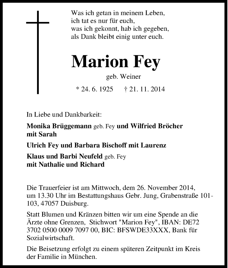  Traueranzeige für Marion Fey vom 25.11.2014 aus Tageszeitung