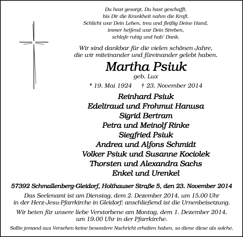  Traueranzeige für Martha Psiuk vom 26.11.2014 aus Tageszeitung